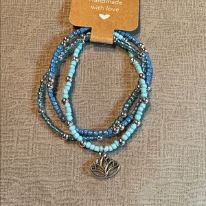 Blue Beaded Bracelet Set with Lotus Charm